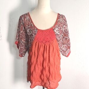 Ogle Orange & Blue Paisley Top woth Embroidered Flower Accents, Size Large